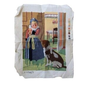 Vintage Needlepoint Canvas‎ Dutch Girl with Dog Irish Setter **STARTED**